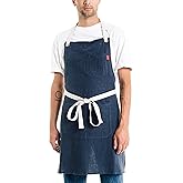 Caldo Linen Kitchen Apron for Cooking- Mens and Womens Linen Bib Apron for Professional Chef, Server, or Barista- Adjustable with Pockets (Navy)