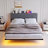 HOMERECOMMEND Floating Bed Frame Queen Size with Storage Headboard and Charging Station, Upholstered Platform Bed with LED Light, Heavy Duty Metal Slats, No Box Spring Needed,Black and Grey