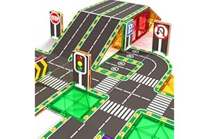 FEOXIALY 64PCS Magnetic Tiles for Kids Ages 3-5 4-8 Magnetic Building Blocks Road Expansion Pack for Toddlers Creative Learning Construction Toys Gift for Kids 3 4 5 6 7+Year Old Boys Girls Christmas Birthday