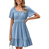 Simplee Womens Summer Dresses 2025 Mini Square Neck Casual Short Sleeve Shirred Flowy A-Line Dress with Pockets