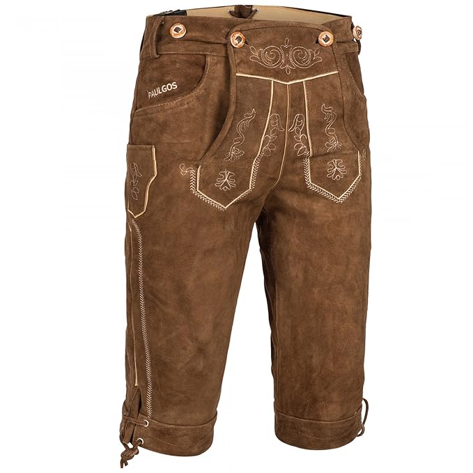 PAULGOS Herren Trachten Lederhose + Träger, Echtes Leder, Kniebund in 4 Farben Gr. 44-60