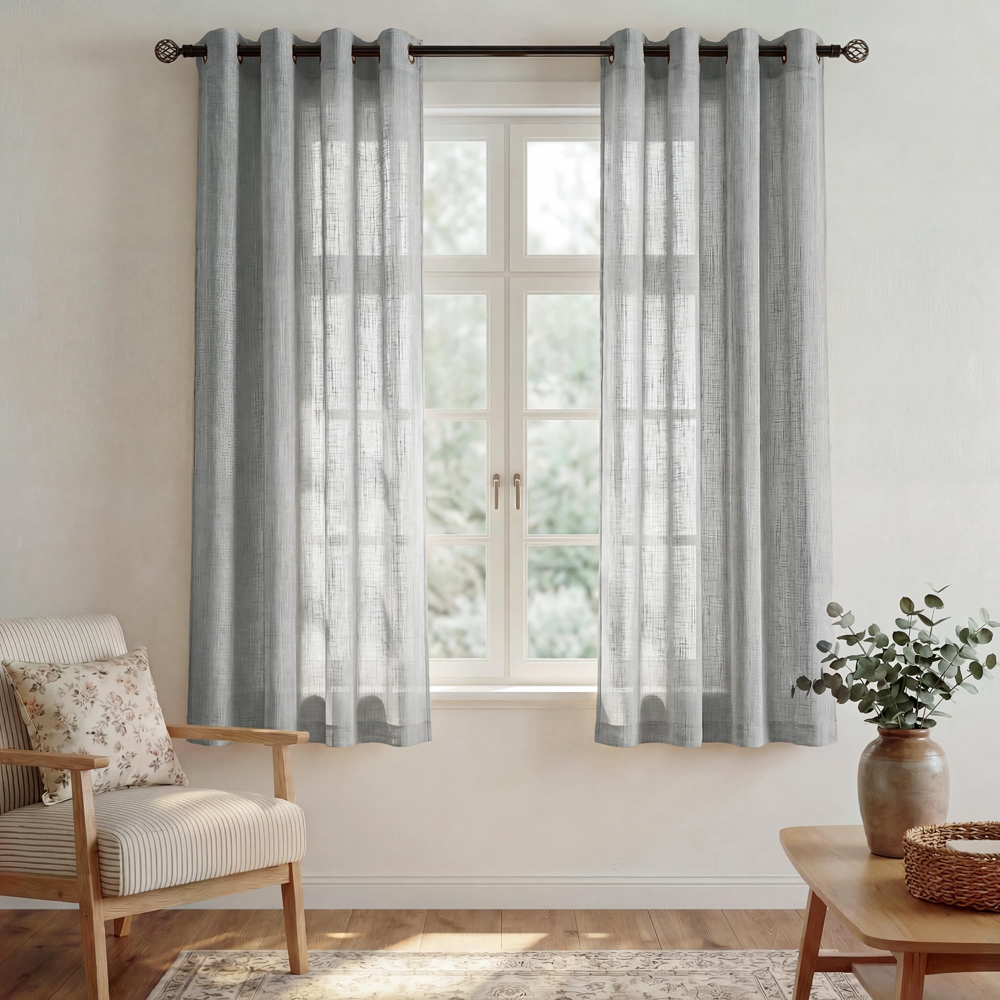 PONY DANCE Grey Sheer Curtains - Set of 2 Linen Voile Curtain Panels Cross Pattern Soft Draperies for Living Room & Hotel Windows, 52" W x 54H, Dark Grey