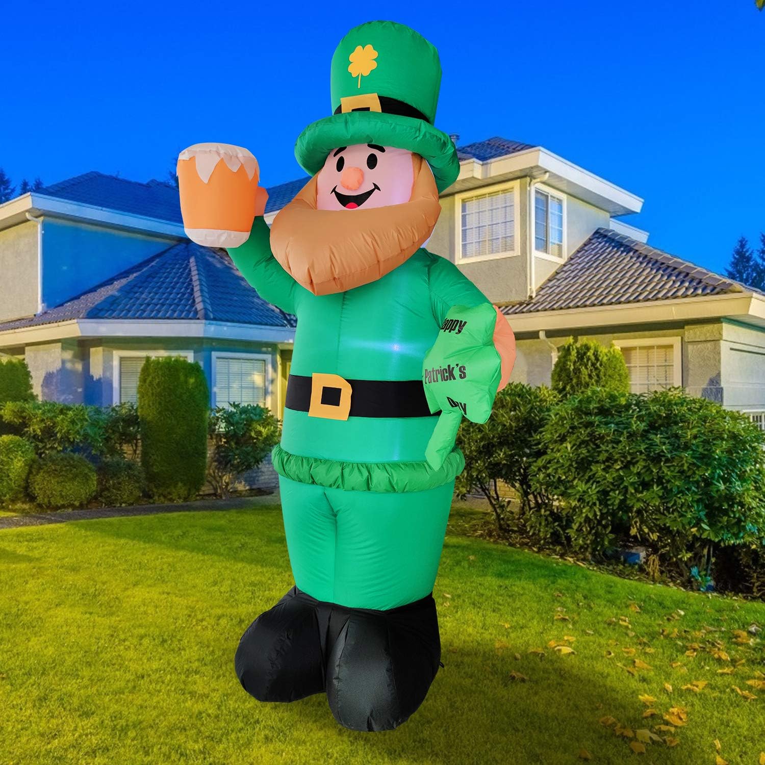 8 Foot St Patricks Day Inflatable St Patricks Day Decorations Outdoor Giant Inflatable Leprechaun with LED Light Holding Shamrocks Beer for Irish Day Yard Decoration Lucky Decor Fun Holiday Blow Up: Garden & Outdoor