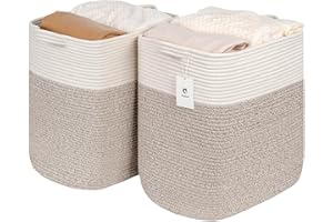 Laughbird Toy Storage Baskets for Clothes Fabric Cotton Rope Storage Basket with Handles, Decorative Woven Basket for Living Room,Closet Organizer Blankets, and Toys (White Brown 2bags)