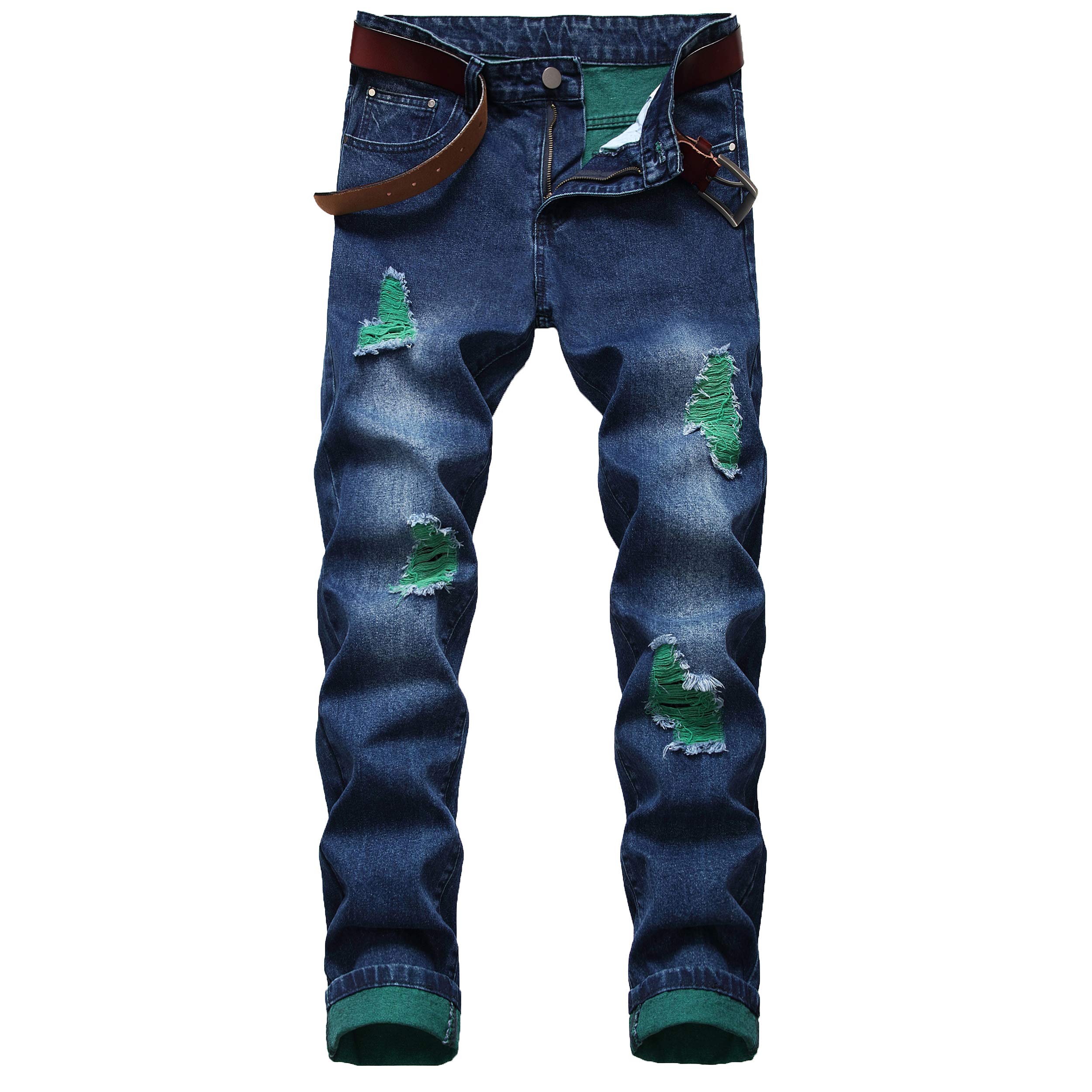 DANT BULUN Men's Ripped Distressed Destroyed Slim Fit Straight Leg Denim Jeans