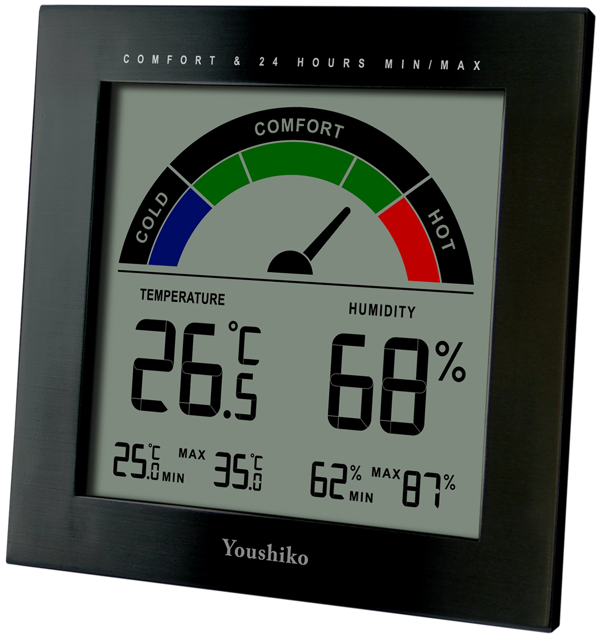 Youshiko Large LCD Digital Thermo-Hygrometer, Indoor Weather Thermometer Hygrometer Gauge, Monitor Temperature Humidity Meter for Home Office Comfort, Min/Max Records (24 Hour Auto Reset)