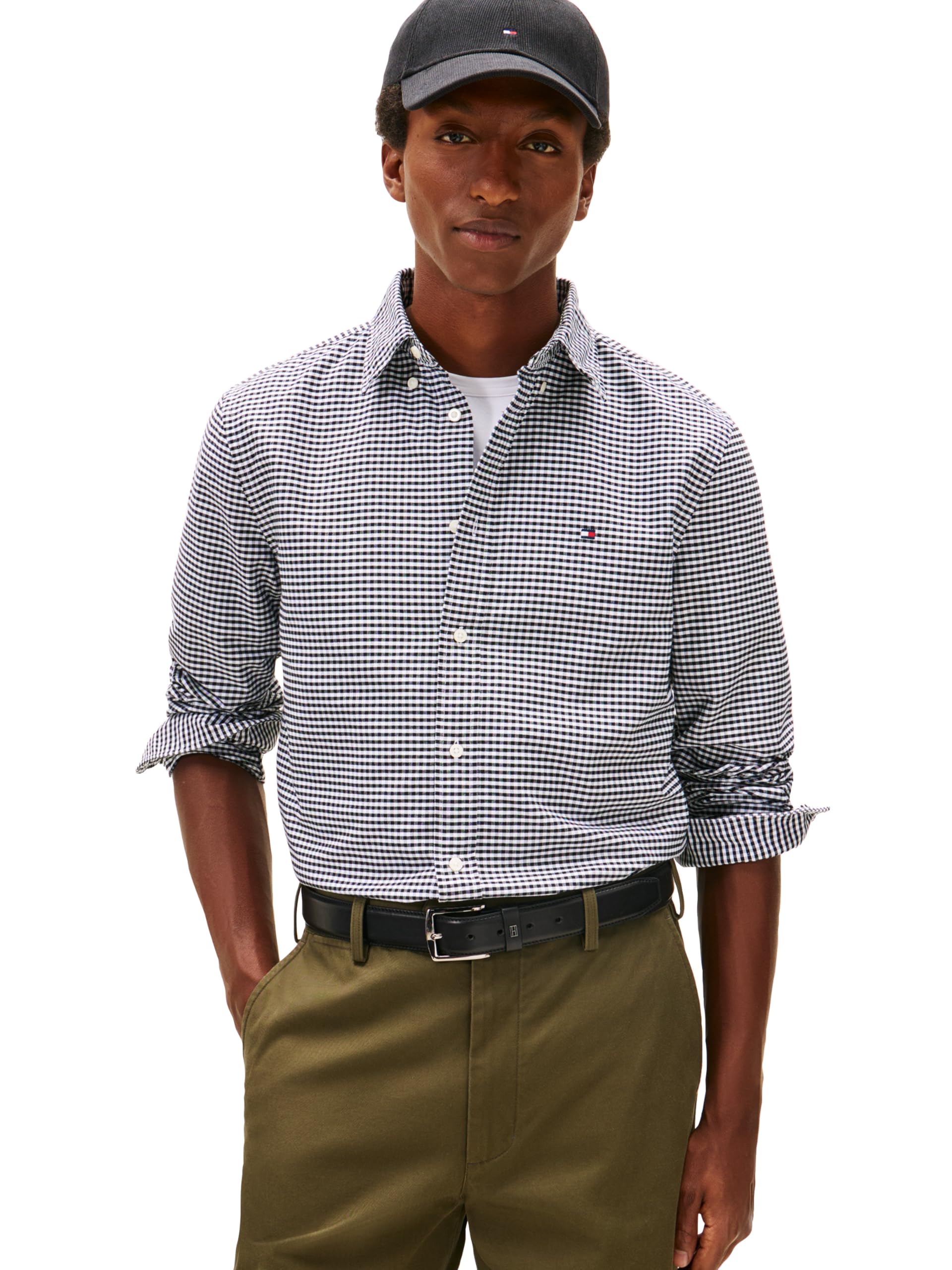 Tommy Hilfiger Men’s Heritage Oxford Gingham Regular Long Sleeve Shirts, Black/Check Large