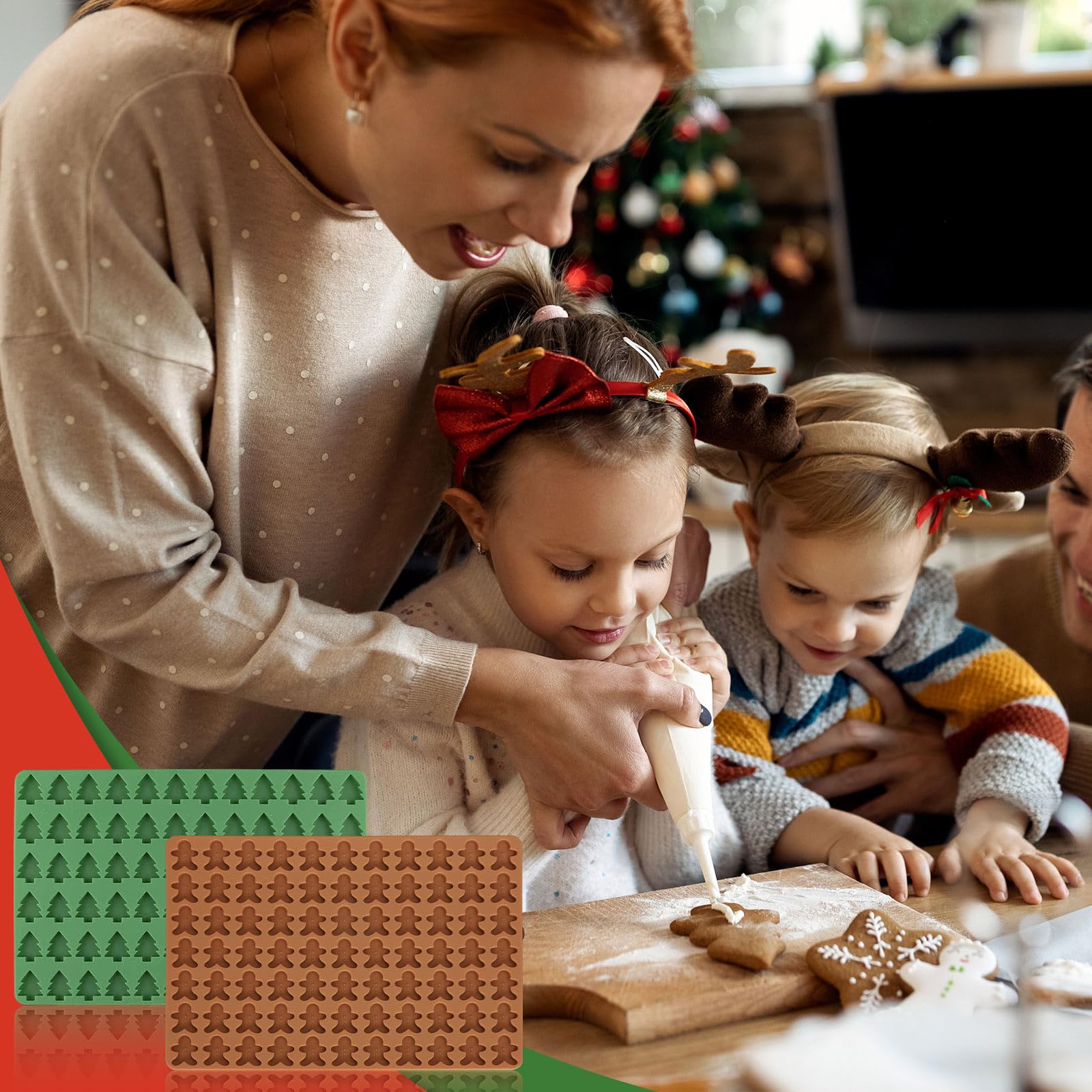 AnyDesign Christmas Silicone Molds Mini Xmas Tree & Gingerbread Candy Chocolate Mould Christmas Non-Stick Fondant Baking Mold for Handmade Soap Pudding Jelly Cake Cupcake Topper Decor, 2Pcs