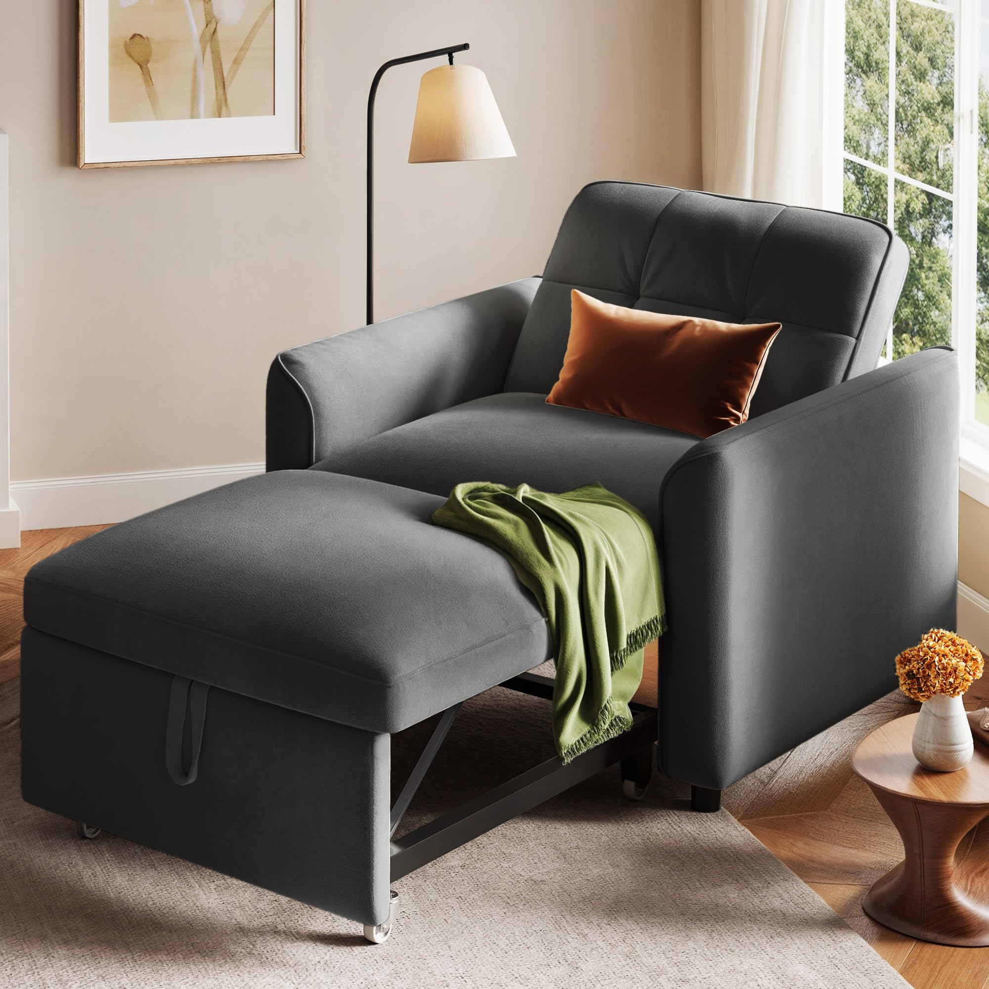 Photo 1 of YITAHOME Convertible Sofa Chair Bed, 3-in-1 Sleeper Sofa with Pull-Out Bed, Velvet Fabric Single Sleeper Chair with Reclining and Button Tufted Backrest, Modern Lounge Chair for Small Space, Grey