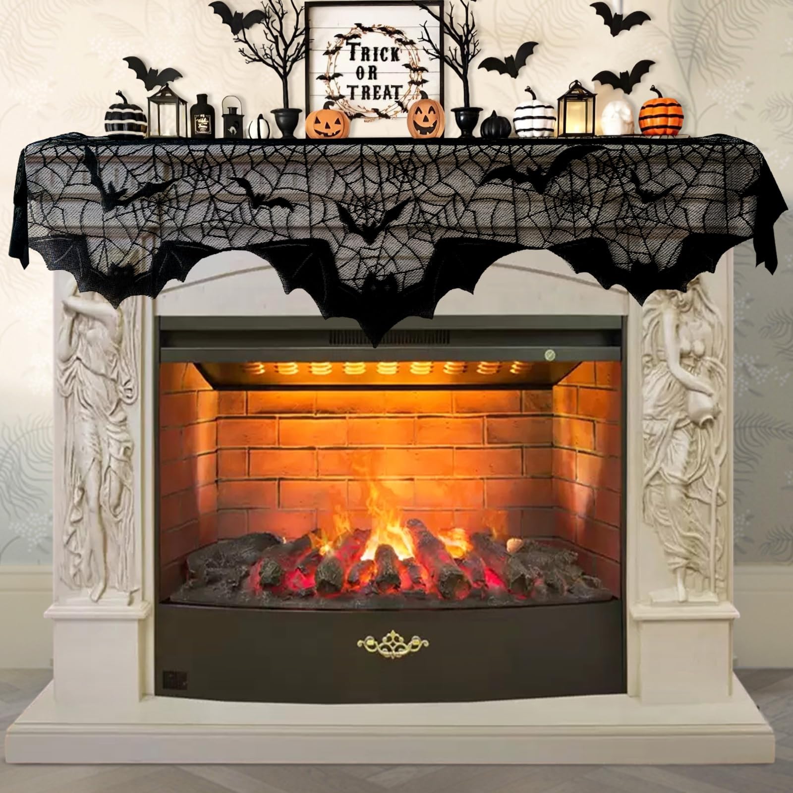 Photo 1 of AerWo Halloween Decorations Indoor Fireplace Mantel Scarf, Black Lace Spiderweb Fireplace Cover for Halloween Mantle Decor Festive Party Supplies,20x79 inches