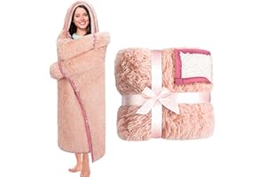 HAPPY FUEL Rose Pink Wearable Throw Blanket Hoodie for Women- Thick Cozy 52"X60" Sherpa Fleece Shaggy Light Pink Decor for Couch, Bed & Sofa - Soft Fuzzy Faux Fur Hooded Pink Throw Blankets for Adults