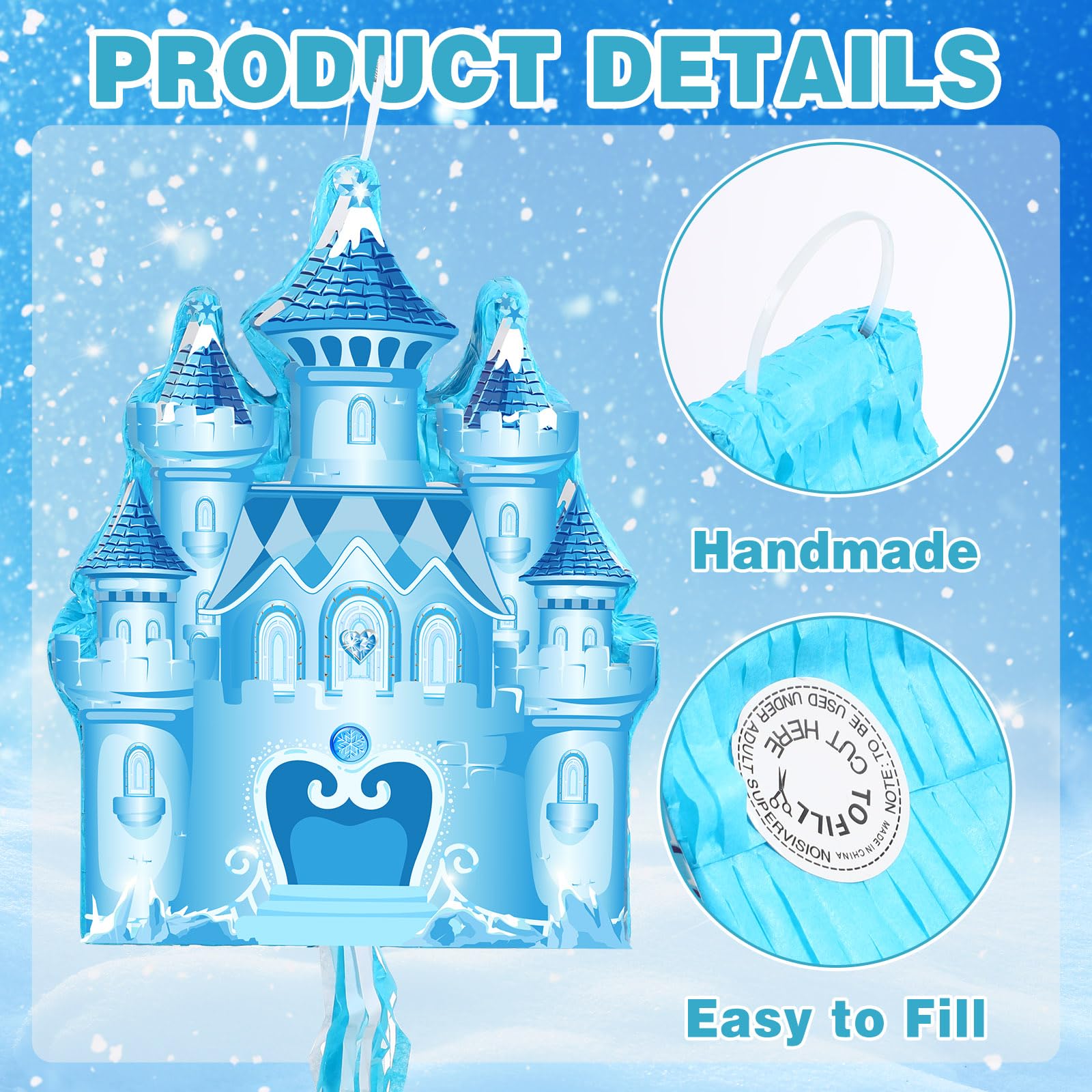 Winter Piñata Christmas Wonderland Themed Piñata with Blindfold Bat for Christmas Princess Winter Theme Birthday Party Supplies Decorations(Blue,Castle)
