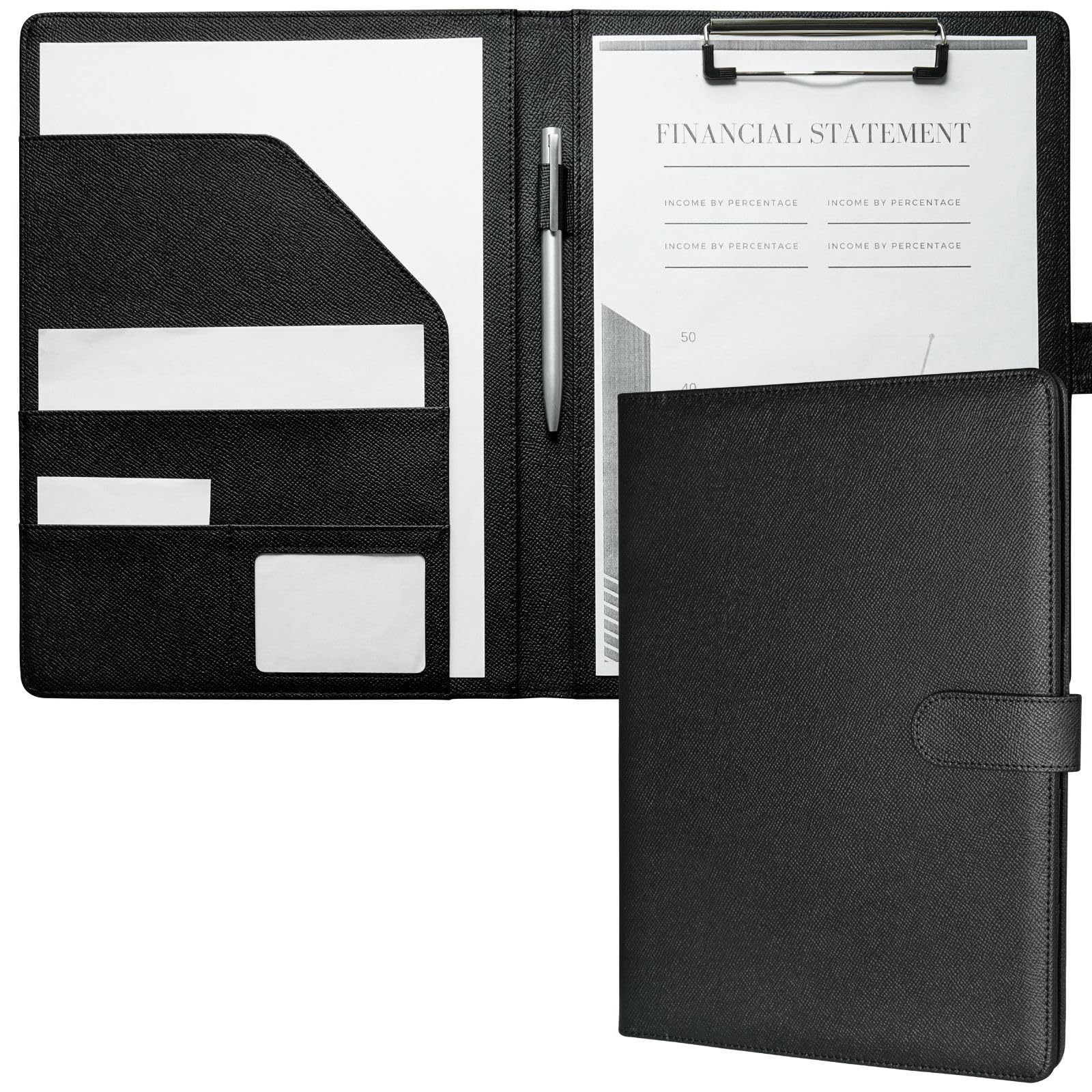 Mymazn A4 Clipboard Folder Conference Folder, Faux Leather Clipboard with Cover for Legal Pad, Portfolio Folder A4 Clip Board with Storage, Organiser for Business (Black)