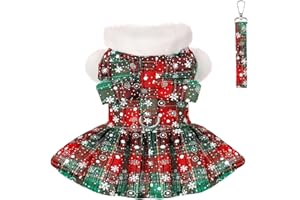 DAFUEN Dog Christmas Sweater Dress with Leash Set Puppy Sweaters for Small Dogs Girl Pet Outfit Plaid Puppy Clothes Cute Bowknot Doggy Apparel Cat Holiday Xmas Party Costume (Small, Green)