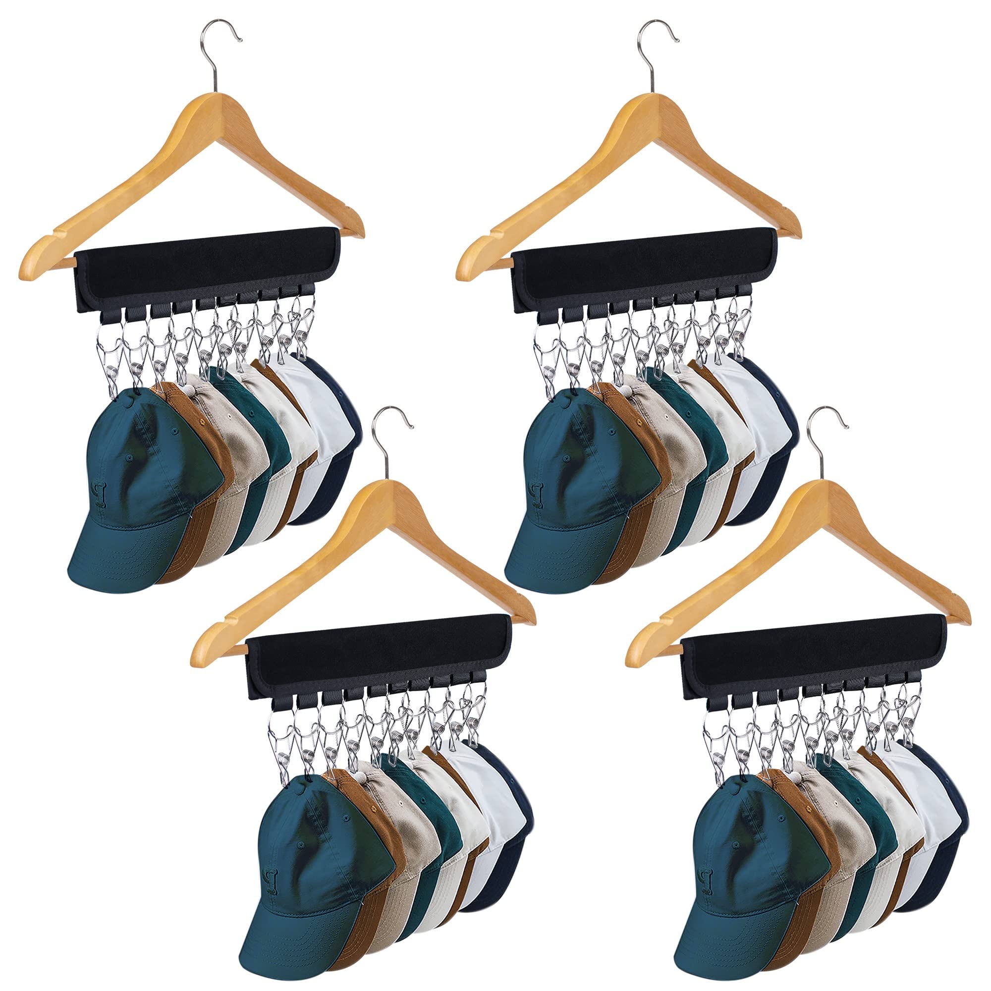 Hat Organizer Holder for Hanger & Room Closet, 4Pack Hat Storage Clips, for Hang Baseball Hats Rack, Ball Caps, Winter Beanie & Accessories, Not Including Hangers & Hats (4PC Black)