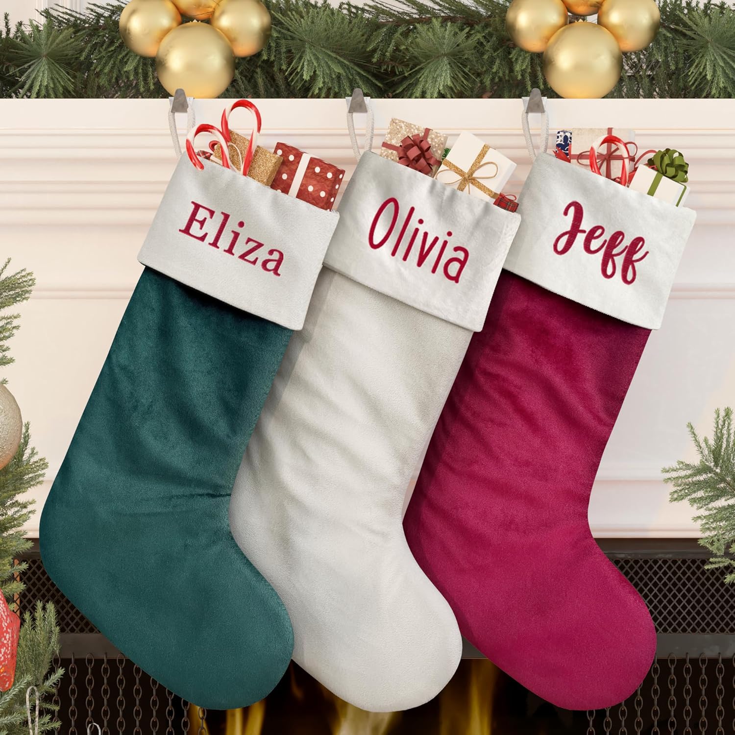 Stockings & Holders - SOUL MAMA Personalized Christmas Stockings with Names - 18 Inch Premium Suede Personalized Stockings for Christmas | Red, Green, White, Navy and Pink Xmas Custom Stockings for Kids 3 Pcs
