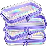 Hoolerry 4 Pcs Hard Clear Zipper Case Makeup Bags Plastic Pencil Pouch Transparent Storage Box Containers for Cosmetics, Snacks, Building Blocks, Puzzles(Purple Laser,7.5 x 3.9 x 2 in)