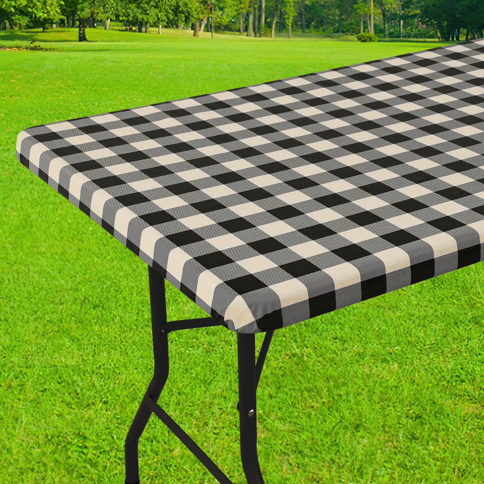 Smiry Rectangle Picnic Table Cloth, Elastic Waterproof Fitted Vinyl Tablecloths, Flannel Backed Buffalo Plaid Table Covers for Dining, Camping, Outdoor (Black and Beige, 30" x 96") Image