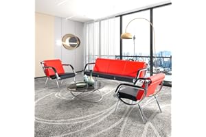WALNEST Waiting Room Bench with Armrest 5 Seat Red Black PU Leather Office Furniture Guest Seating Lobby Conference Reception Chair Visitor Guest Sofa for Office Airport Clinic Hospital Bank Salon Barber