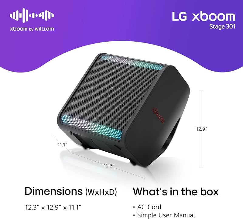 LG xboom Stage301, Altifalante Bluetooth, Alta Potência, Portátil, Funções DJ, Karaoke, com Luzes LED Variáveis, Ampla Conectividade, Som Absoluto