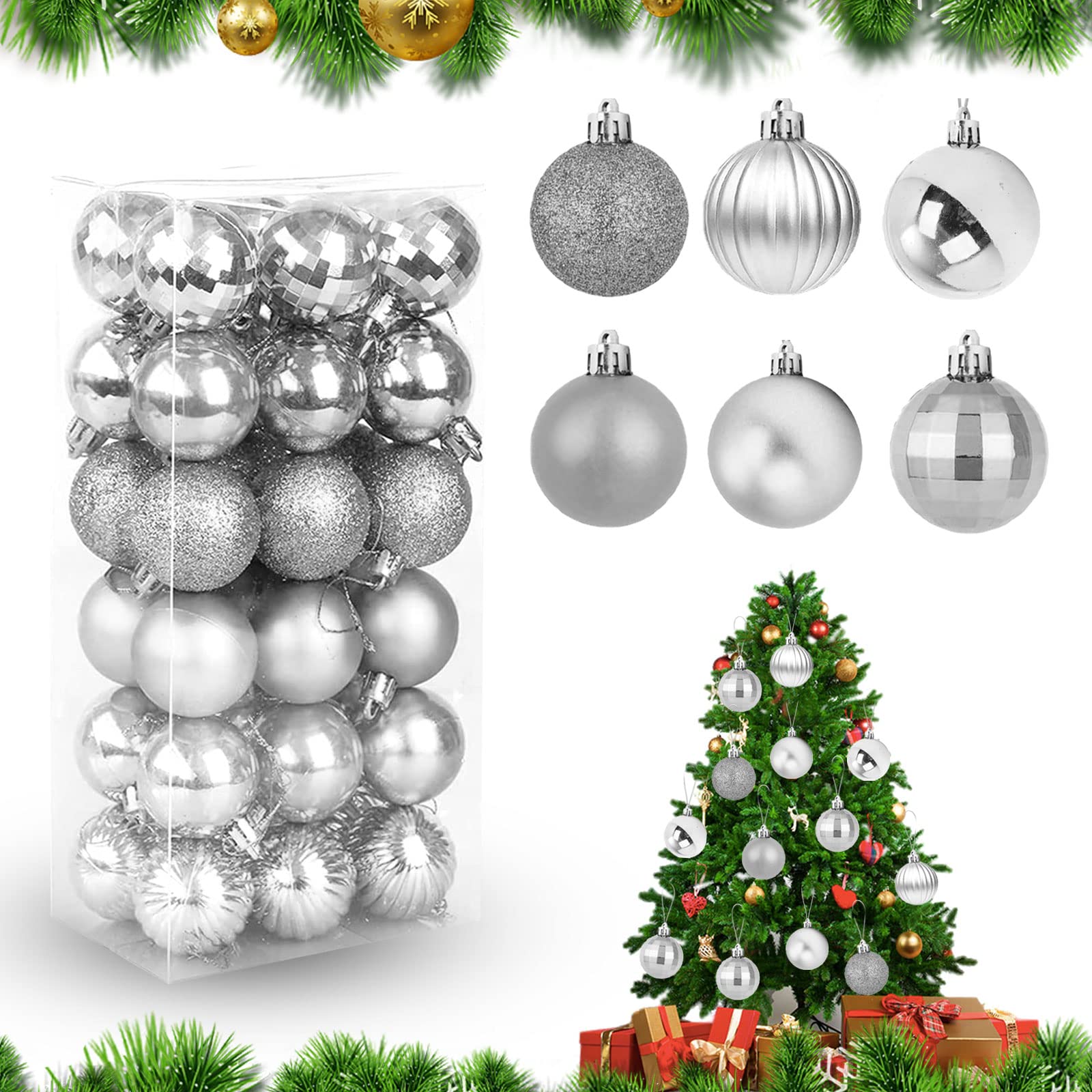 Feliciay 36pcs Christmas Ball Baubles Assorted Pendant Shatterproof Ornament Set Xmas Tree Decorations Hanging Decoration Seasonal Holiday Wedding Party Decorative Pendants (Silver, 4 cm)