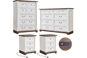 OKYCI 4PC Farmhouse Dresser and Nightstand Sets for Bedroom, Including Tall 7/9 Drawer Dresser & 3 Drawer Night Stand Set of 2 with USB, Antique White