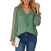 Simplee Womens Dressy Long Sleeve Blouse Casual V-Neck Ruffle Business Tops Chiffon Work Ladies Shirts 2025 Fall Trendy