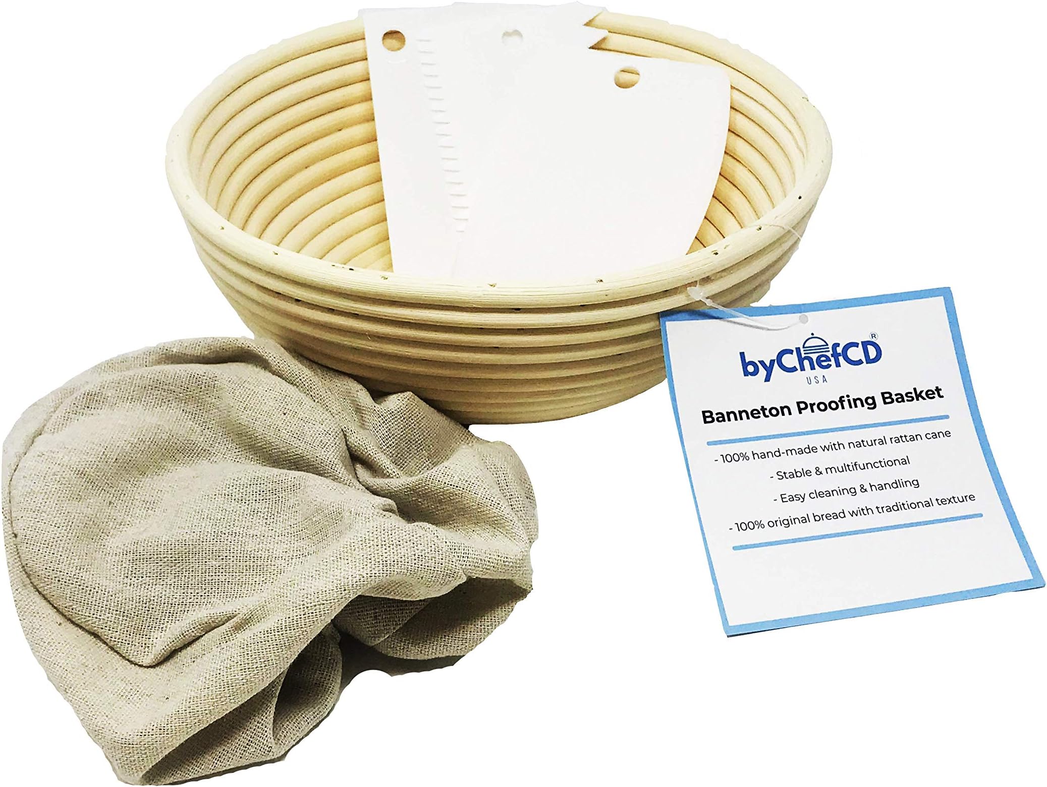 9 Inch Round Bread Basket Proofing Set- Banneton Bread Proofing Basket + Cloth Liner + Bowl Scraper + Smoother. For Home Bakers and Professionals- Great for Sourdough Starter ByChefCD
