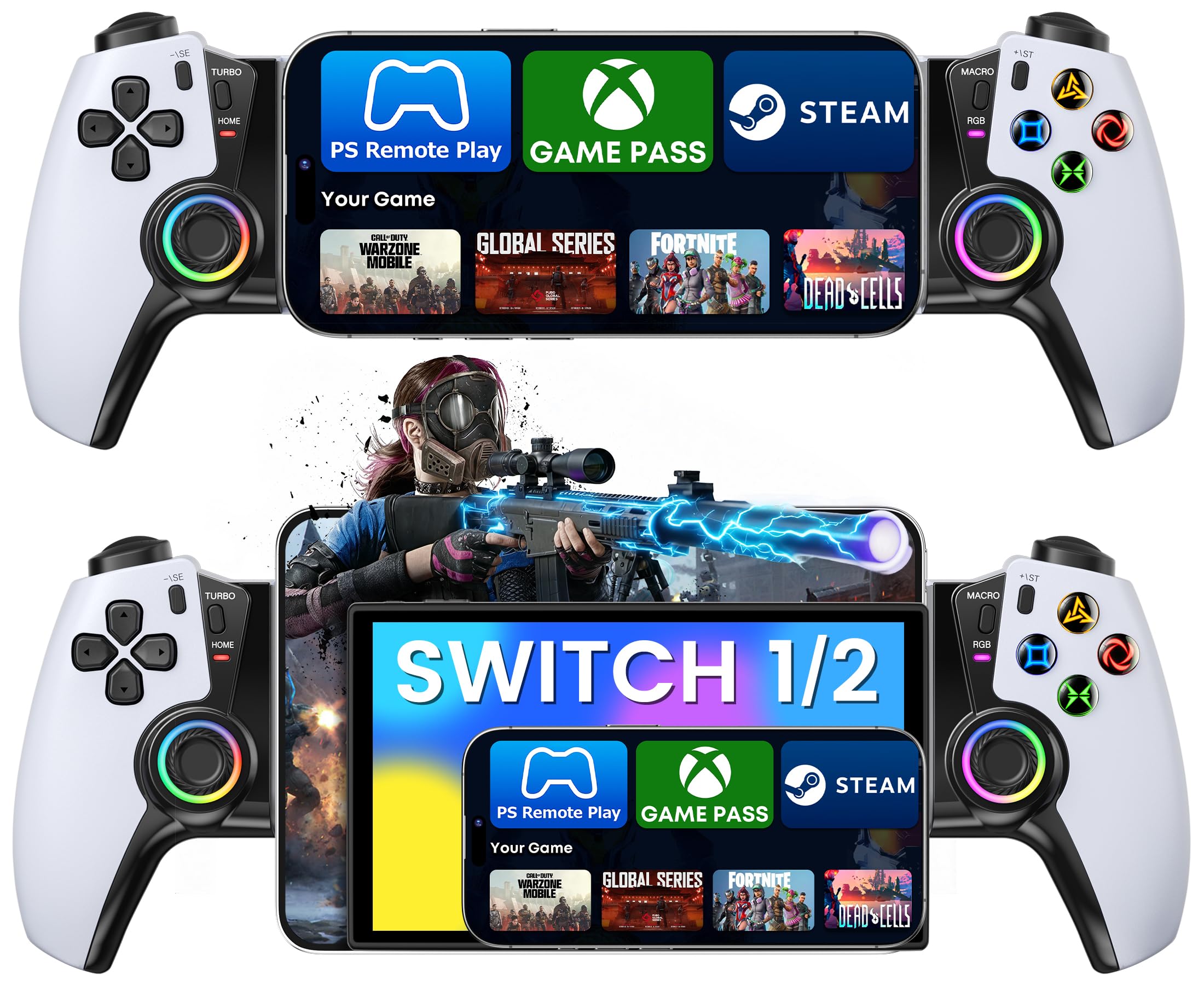 KICKDOT Mobile Gaming Controller for iPhone Android Switch, Hall Effect Joysticks Bluetooth Telescopic Gamepad with RGB Lighting, Programmable Back Buttons for PS Remote Play Xbox Cloud Gaming Steam Deck iPad Mini