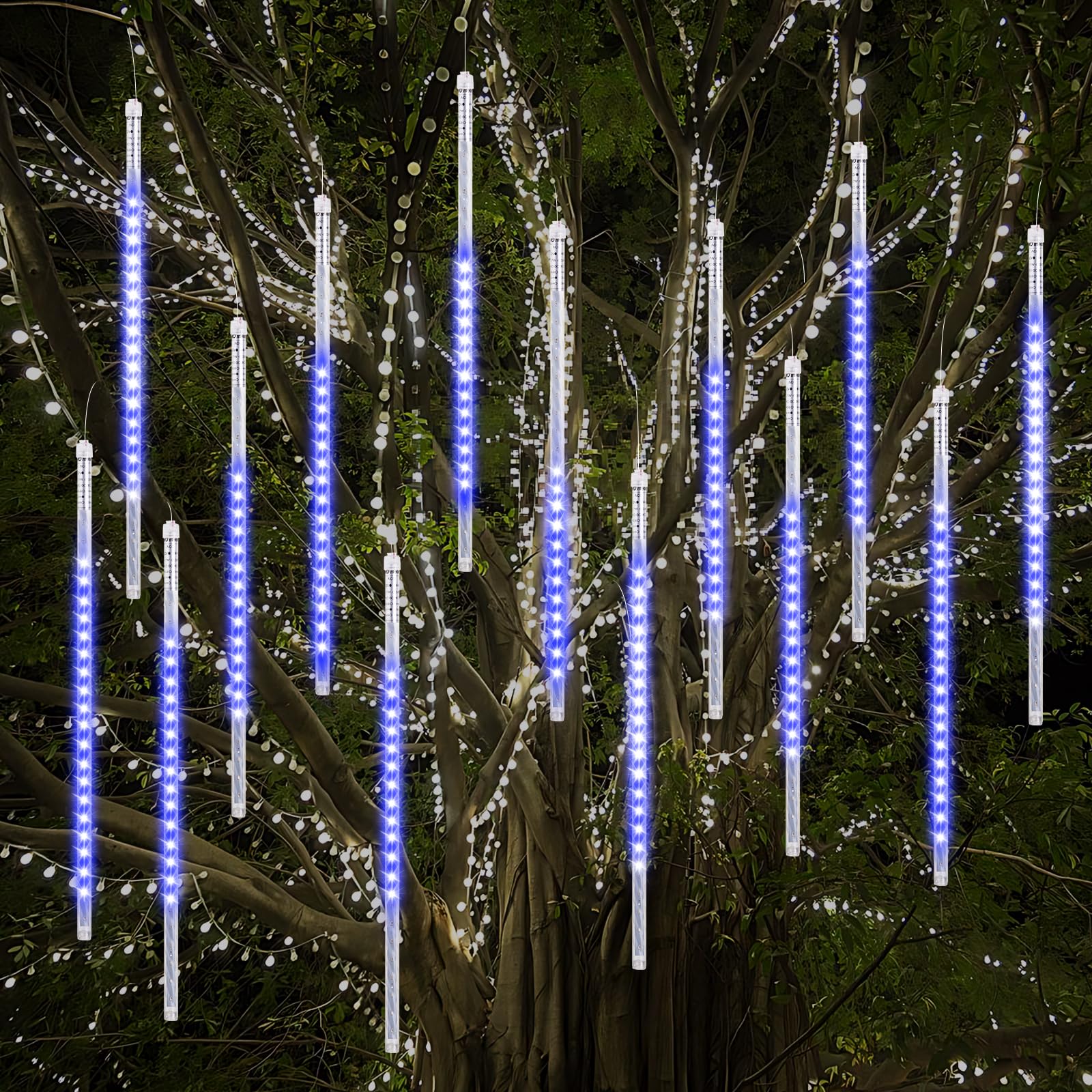 Vikdio Christmas Lights Outdoor, Meteor Shower Lights 16 Spiral Tubes 50cm 864 LEDs 5.25m Lit Length, Waterproof Snowfall Icicle Lights for Outdoor Xmas Decoration Party Tree Window (Blue)