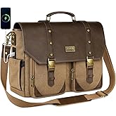 MATEIN Vintage Messenger Bag with USB Charging Port & RFID Blocking Pocket, 15.6 inch Laptop Bag Canvas PU Leather Men Briefcase, Water Resistant Computer Satchel Crossbody for Work Commuting, Brown