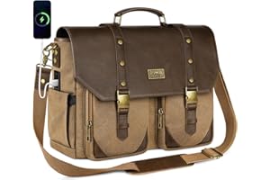 MATEIN Vintage Messenger Bag with USB Charging Port & RFID Blocking Pocket, 15.6 inch Laptop Bag Canvas PU Leather Men Briefcase, Water Resistant Computer Satchel Crossbody for Work Commuting, Brown