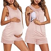 Ekouaer Women Maternity Nursing Pajama Set Breastfeeding Double Layer Pregnancy Pjs Set Sleeveless Top & Shorts with Pockets