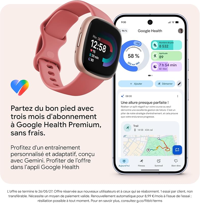 Google Versa 4 Montre connectée Sport avec Un abonnement de 3 Mois à Google Health Premium Inclus et Jusqu’à 6 Jours d’autonomie de Batterie - Sable Rose/Aluminium Rose cuivré
