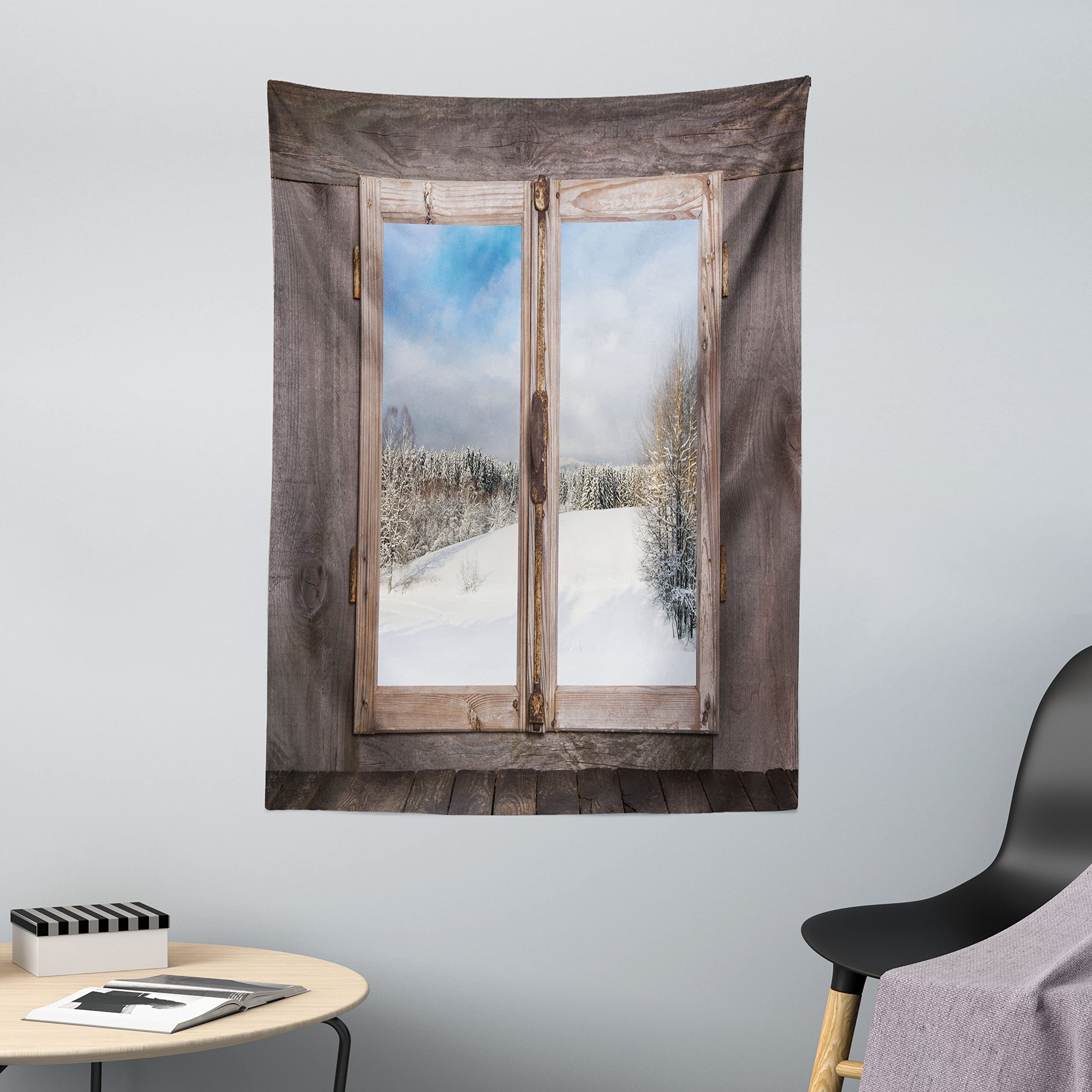 ABAKUHAUS Rustic Tapestry, Winter Season Scene from a Wooden Window of Country House Snow Vintage Design, Fabric Wall Hanging Decor for Bedroom Living Room Dorm, 43 W X 58 L, Umber White Blue