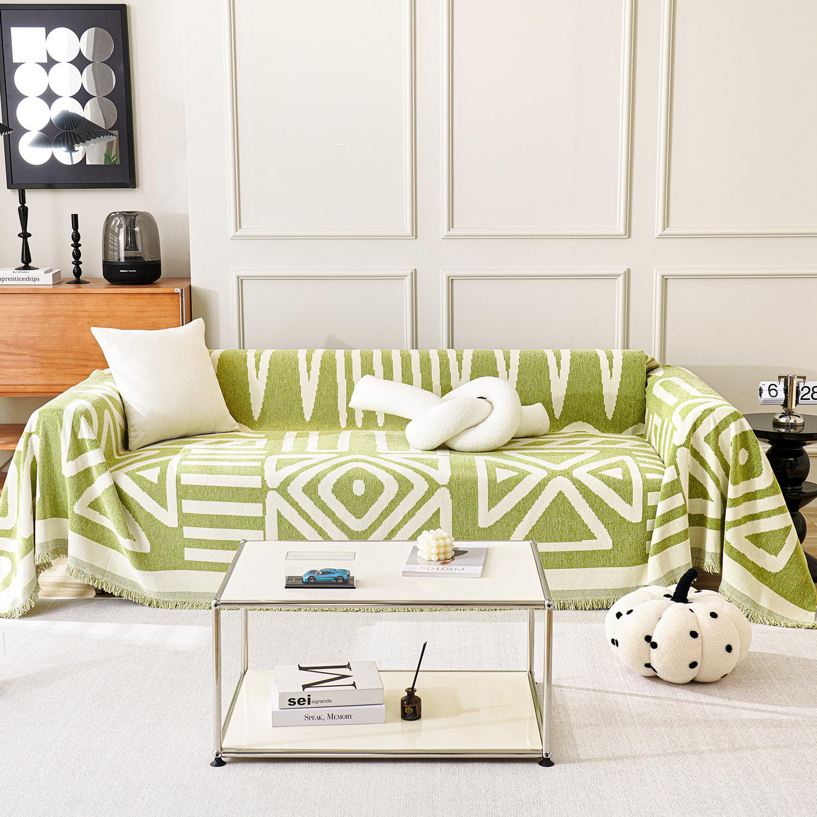 TAOTAOGO Sofa Cover 3 Seater Boho Chenille Corner Sofa Slipcover Washable L Shape Sofa Covers AB Sided Sectional Couch Cover with Tassel Furniture Protector for Pet All-Season A Green 180x340cm