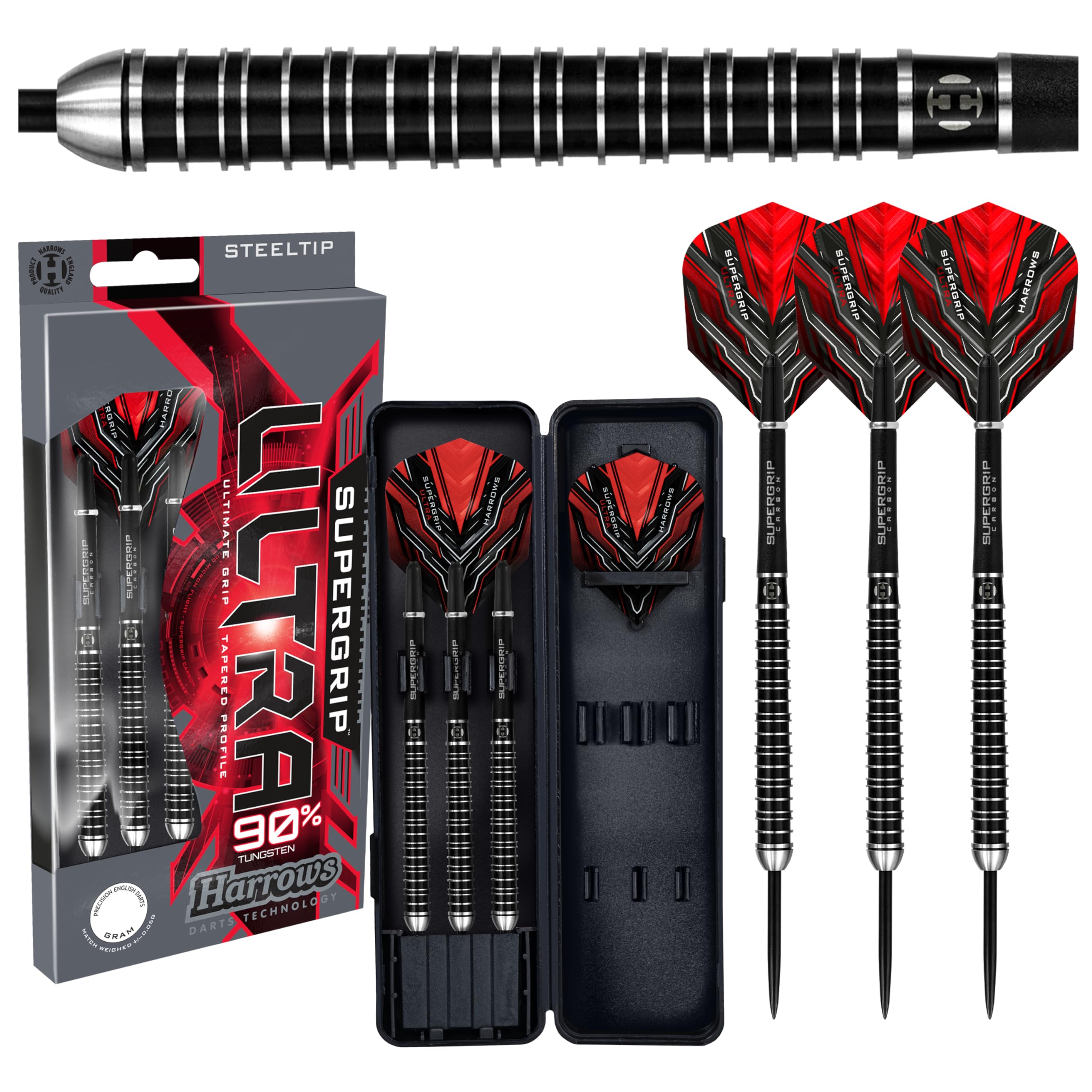 Harrows SUPERGRIP ULTRA 90% Tungsten Steel Tip Darts Set. Available in 21g, 22g, 23g, 24g, 25g, 26g, 28g & 30g - Includes Supergrip Carbon Shafts, Supergrip Flights & Travel Case (24g)