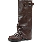AMINUGAL Fold Over Knee High Boots Women Chunky Block Heel Festival Trendy Casual Round Toe Buckle Tall Slouchy Boots for Women Motorcycle Riding Rave Club Pull on Y2K Long boots
