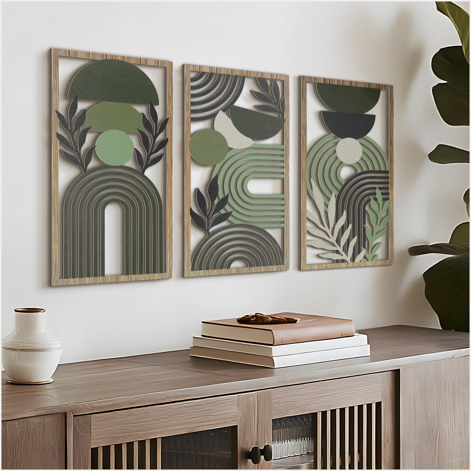 Photo 1 of VIYYIEA Boho Solid Wood Carved Wall Art Set of 3, Geometric Minimalist Wooden Home Decor Panels, Handcrafted Solid Wood Wall Hanging for Living Room Bedroom Hallway, 16 x 8 Inch Each (Boho Green)