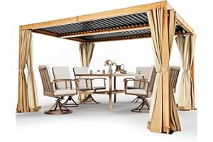 HAPPATIO Louvered Pergola 10x13 Outdoor, Woodgrain-Look Metal Frame with Adjustable Rainproof Roof, Patio Pergola with Curtains and Mosquito Nets, Aluminum Frame for Patio, Backyard, Deck