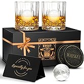 DIOXADOP Whiskey Glasses Set of 2, 10 Oz Old Fashioned Tumblers with 2 Round Big Ice Ball Molds, Bourbon Glasses for Drinking Scotch Whisky Cocktail Cognac Vodka Gift for Men Women at Home Bar
