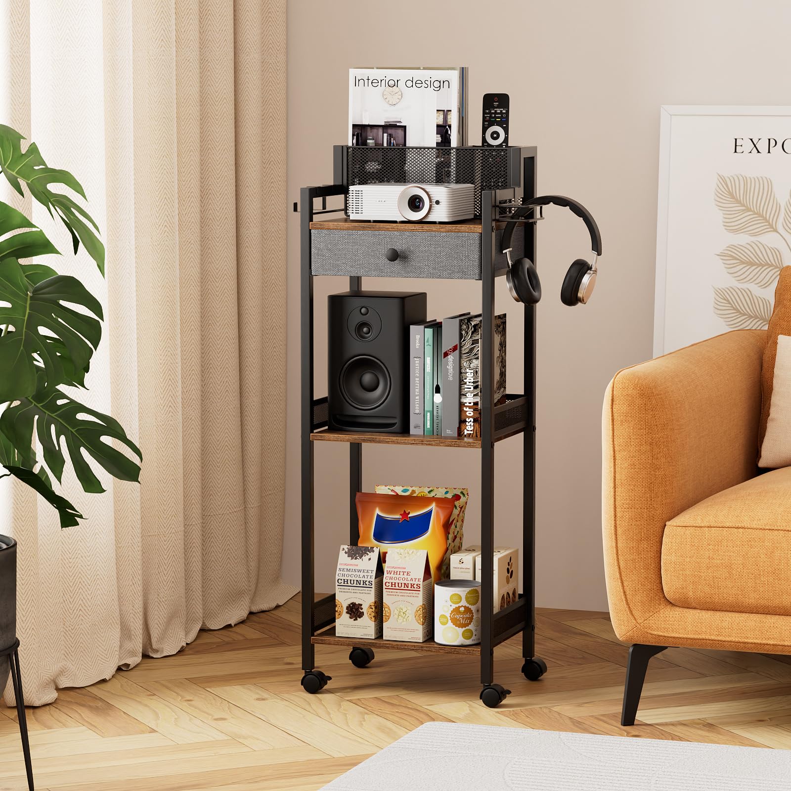 FURFUN Bathroom Shelves with Drawer, 3 Tier Metal Rolling Standing Unit Storage Organizers with Toilet Paper Holder, Multifunctional Floor Corner Rack for Cosmetic, Dryer Curling Irons 12.8in Wide