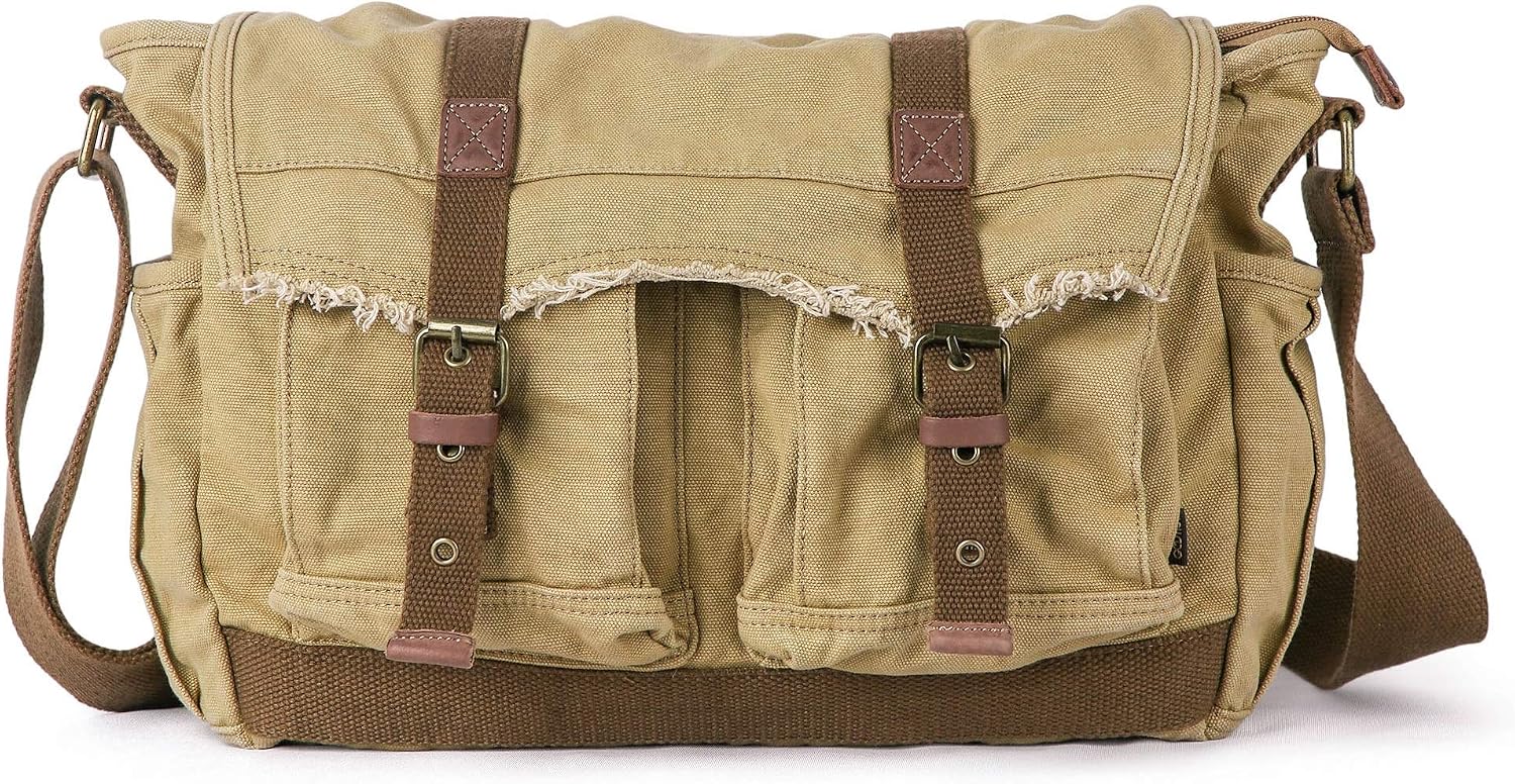 GOOTIUM Canvas Messenger Bag - Vintage Shoulder Bag Frayed Style Satchel, Khaki