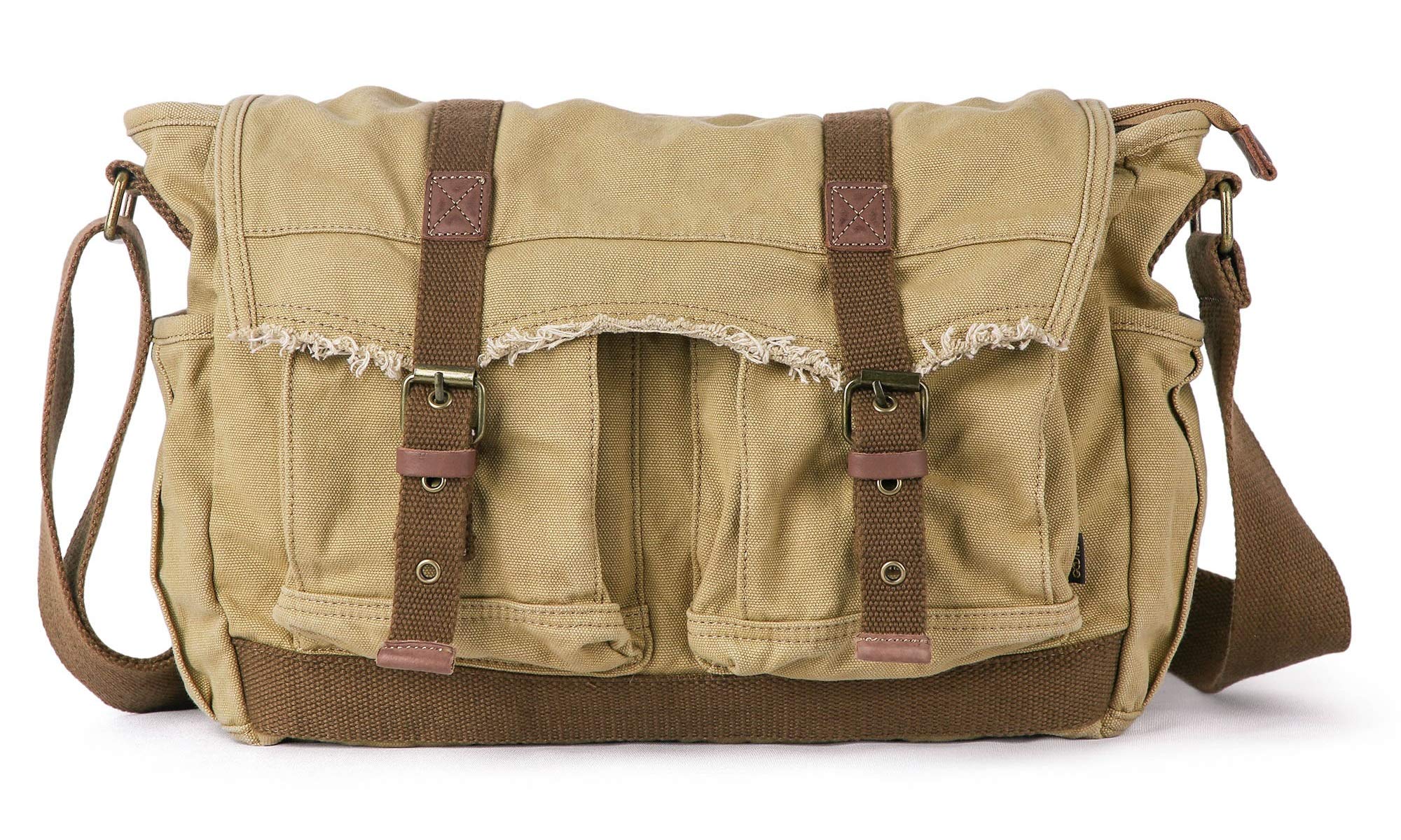 GOOTIUM Canvas Messenger Bag - Vintage Shoulder Bag Frayed Style Satchel, Khaki
