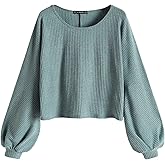 ZAFUL Women Ribbed Knit Long Sleeve Tops Shirts Lantern Sleeve Oversized Pullover Crop Sweater