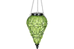 Exhart Outdoor Garden Solar Lights, Tear-Shaped Glass and Metal Hanging Lantern, 15 Firefly LED Lights, 7 x 24 Inch, Green