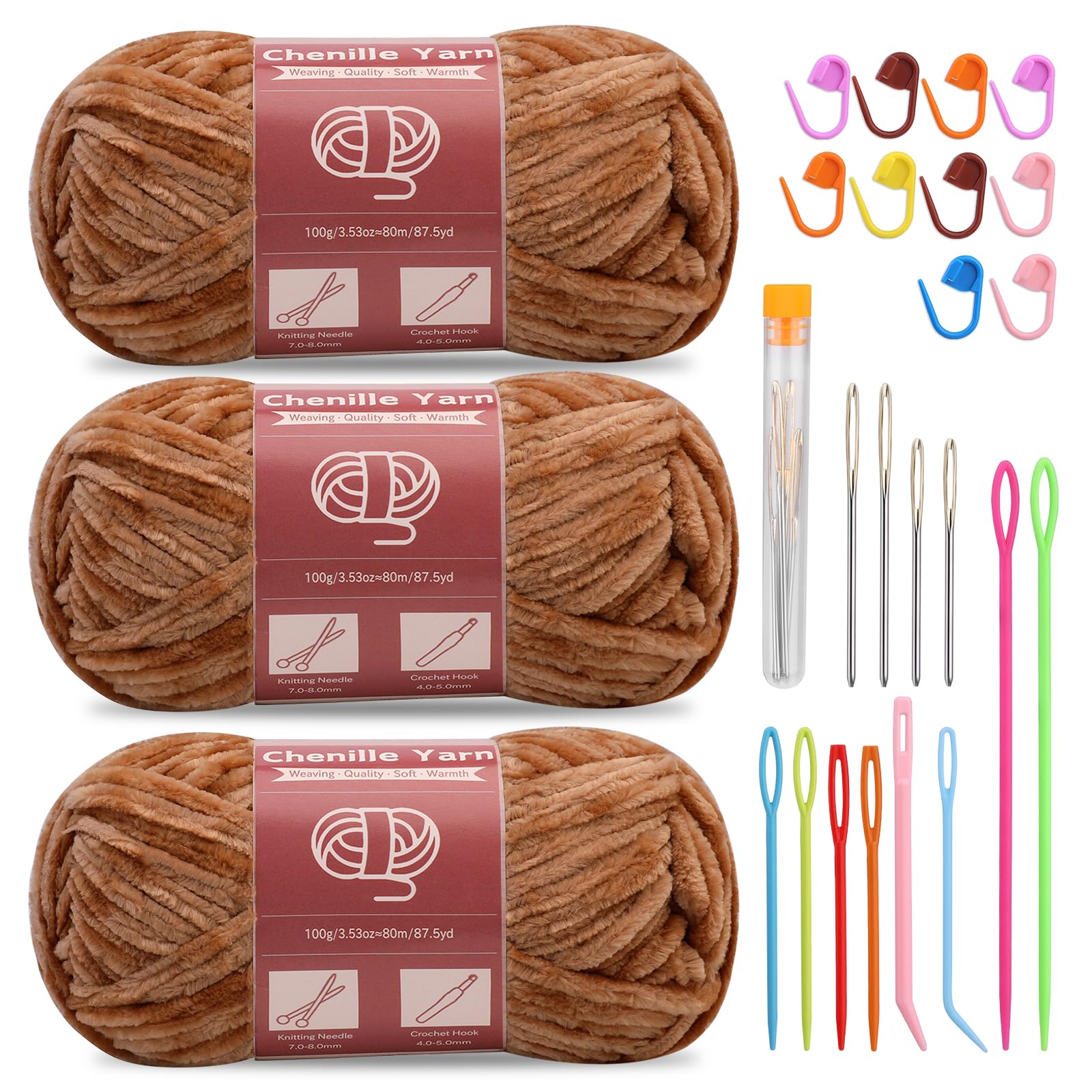 SUVSOON 3 * 100g Chenille Yarn, Velvet Yarn for Crocheting and Knitting with Needles Stitch Marker Handcrafts Weaving Soft Chenille Yarns for Blankets, Clothes, Pattern Knitting(Light Khaki) — image 1