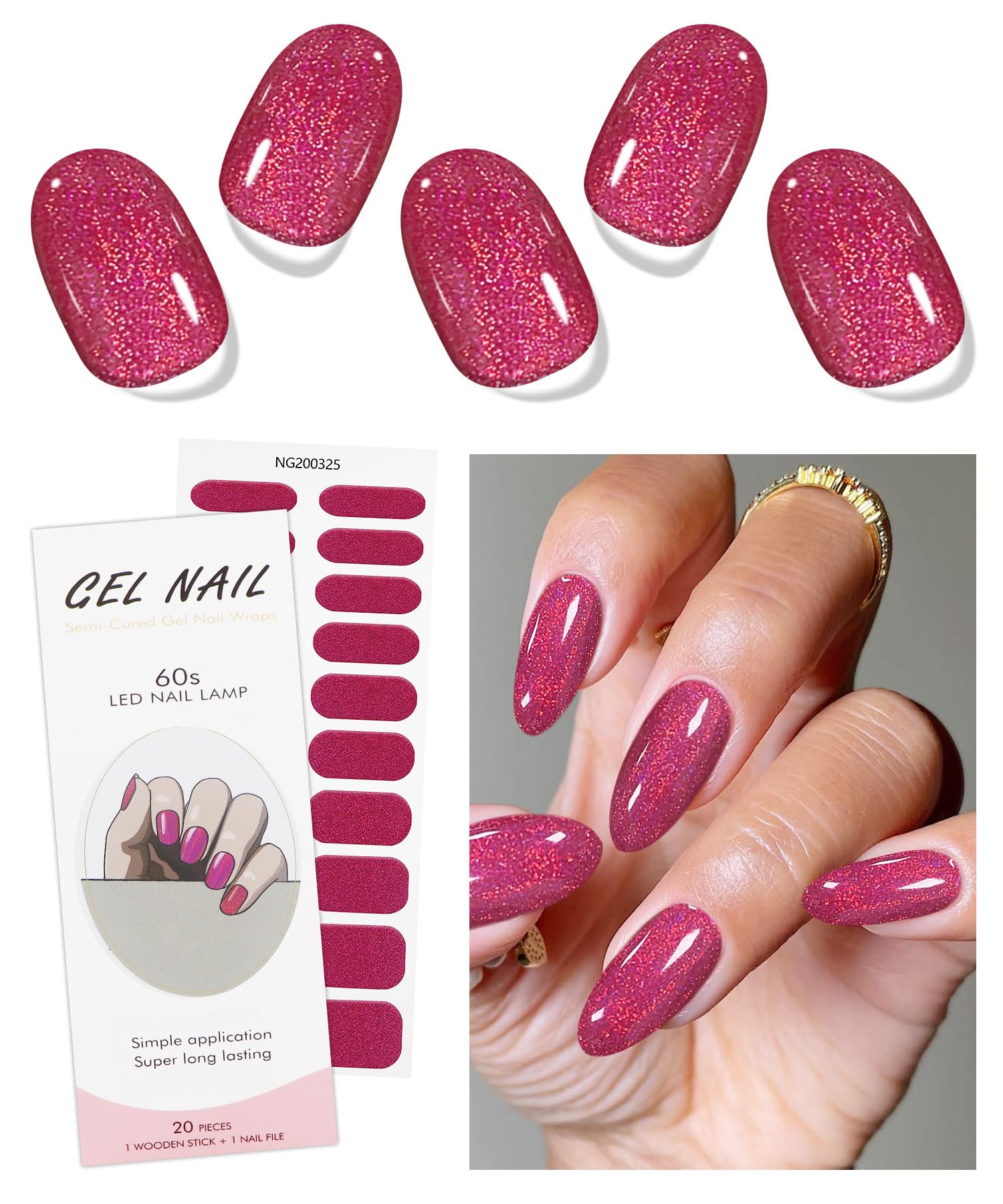 JMEOWIO Gel Nail Stickers Red Glitter Semi Cured Gel Nail Strips Wraps UV/LED Nails Art Design Decoration Accessories