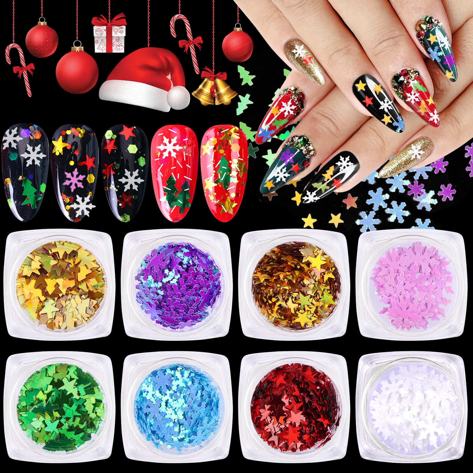 EBANKU 8 Boxes Christmas Nail Art Sequins Snowflakes Glitter, Holographic Laser Christmas Nail Flakes Paillette Christmas Tree Nail Decoration for DIY Christmas Nail Face Body Decor
