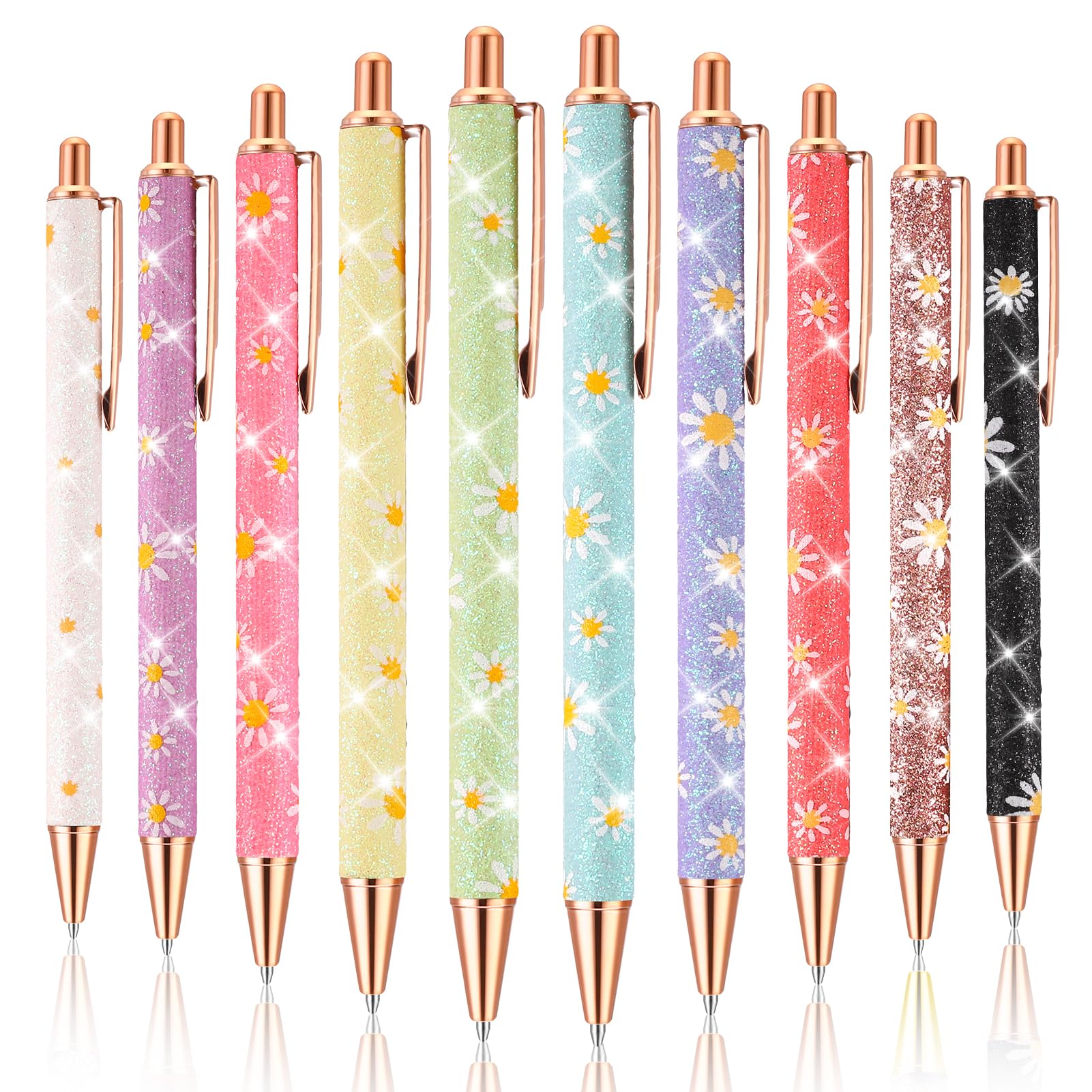 FRIUSATE 10Pcs Bling Metal Pens,Bling Glitter Metal Ballpoint Pens 1.0mm Ballpoint Pens Black Ink Click Retractable Ball Point Pens for Men,Women,School,Office,Home, Drawing(Daisy Print)